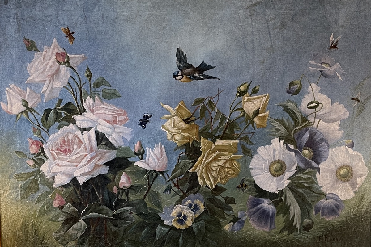 Still Life With Flowers, Titmouse, Butterflies And Bees-photo-3