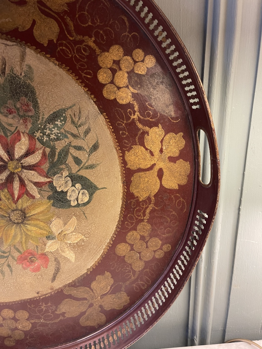 Large 19th Century Painted Sheet Metal Tray, Diameter 50 Cm-photo-2