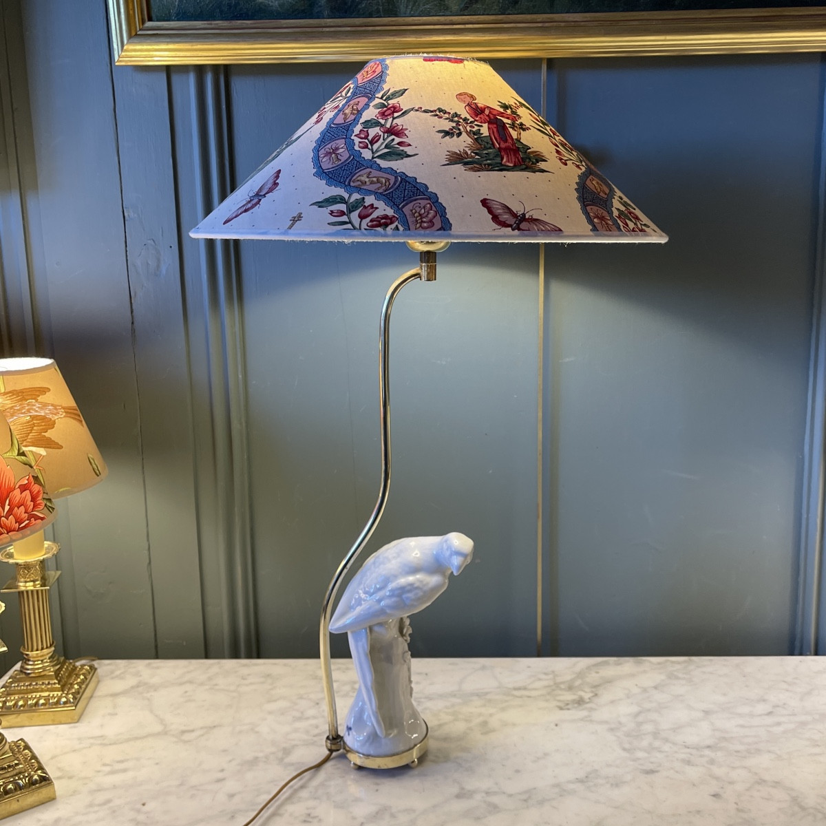 Porcelain Parakeet Lamp, Height 56 Cm