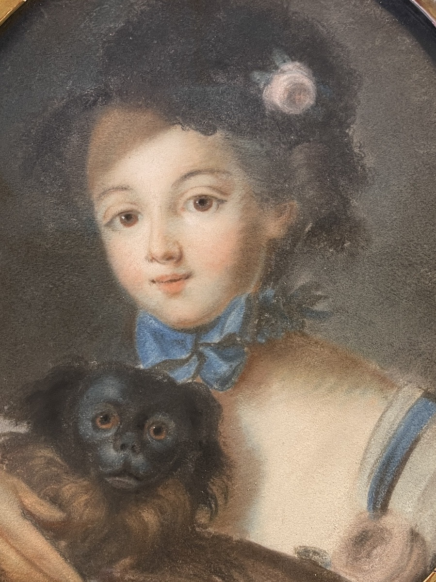 Portrait d'Une Jeune Fille Au Chien, Pastel XVIIIème-photo-2