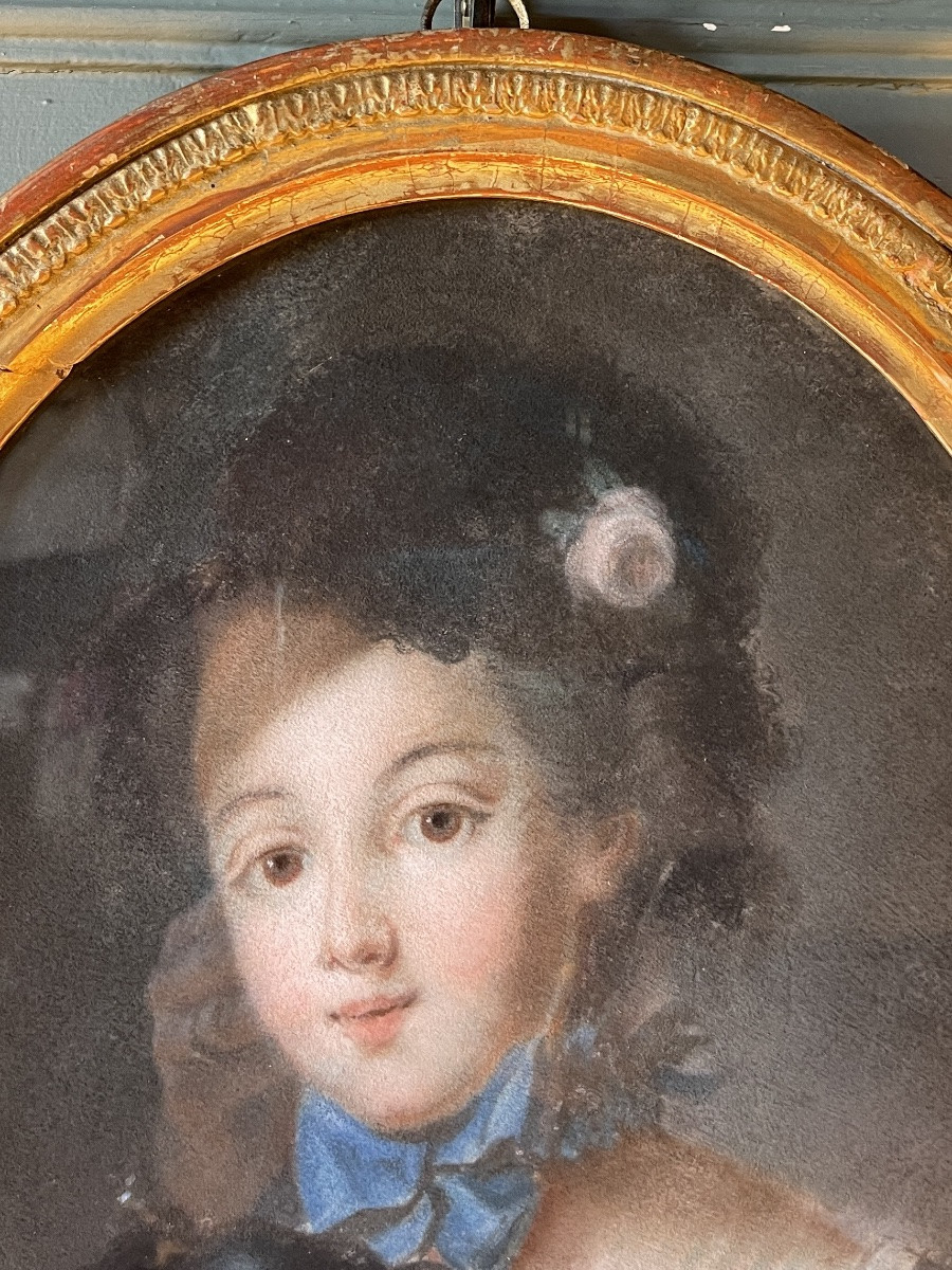 Portrait d'Une Jeune Fille Au Chien, Pastel XVIIIème-photo-3