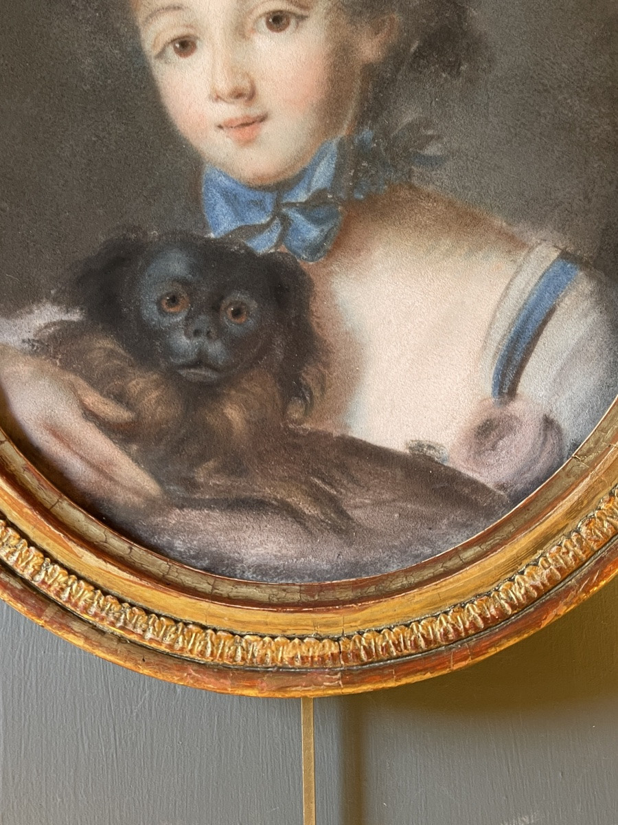 Portrait d'Une Jeune Fille Au Chien, Pastel XVIIIème-photo-1