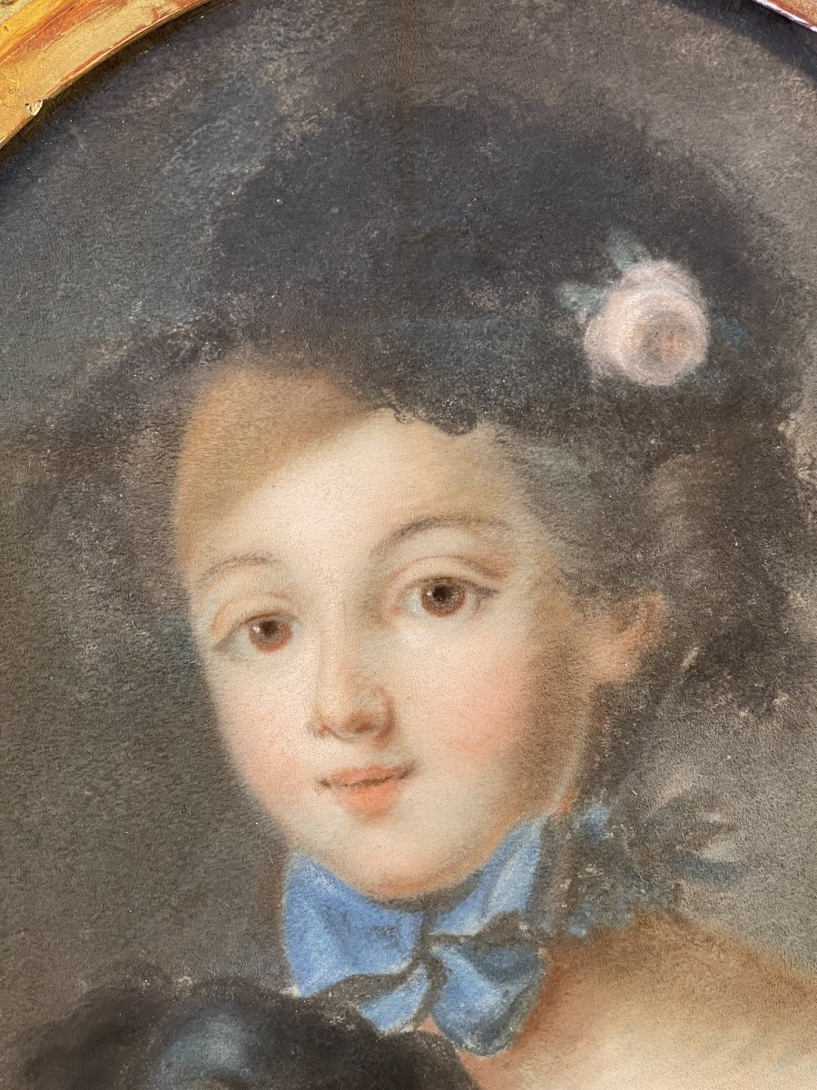 Portrait d'Une Jeune Fille Au Chien, Pastel XVIIIème-photo-3