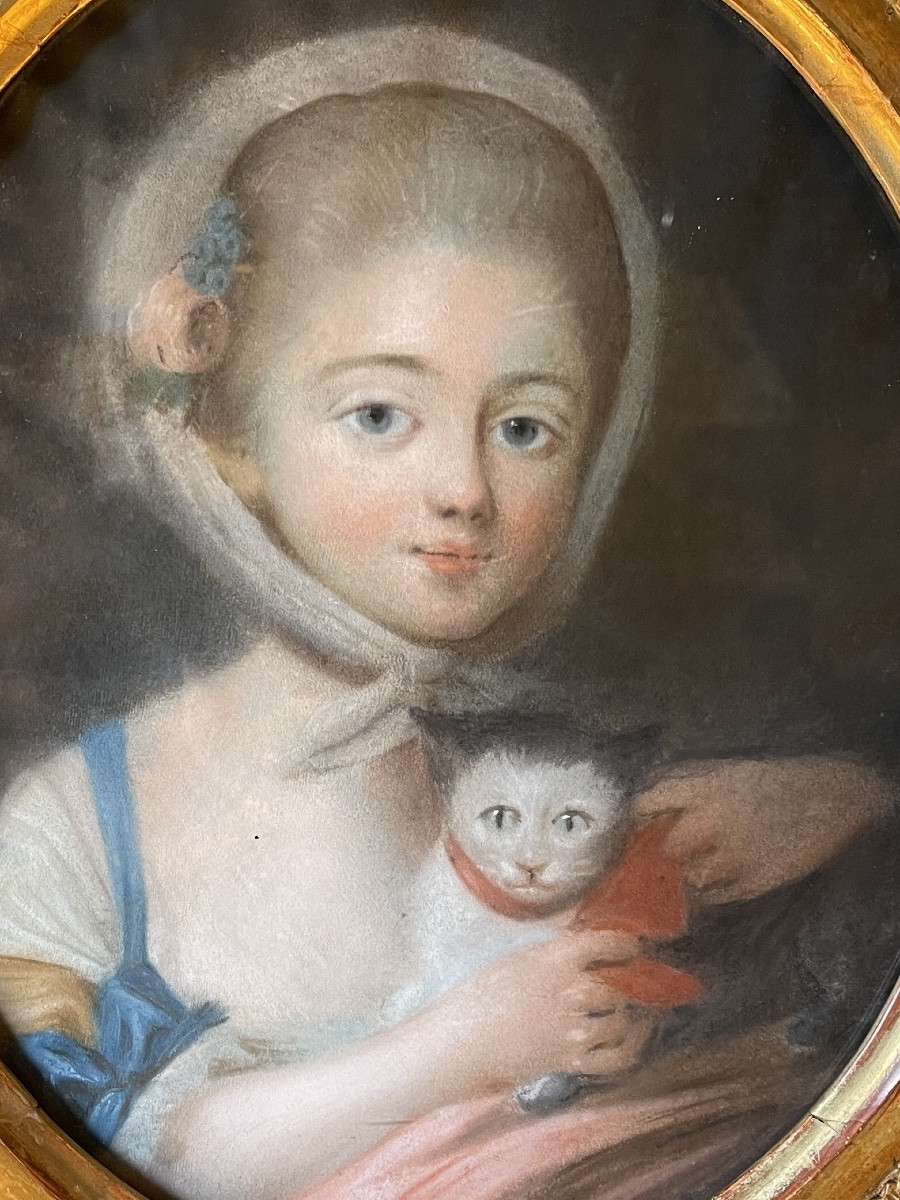 Portrait Of A Young Girl With A Cat, 18th Century Pastel-photo-2