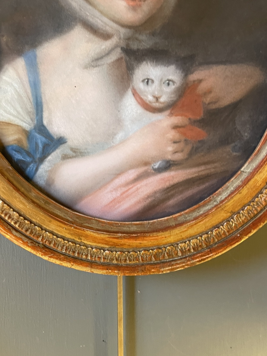 Portrait Of A Young Girl With A Cat, 18th Century Pastel-photo-1