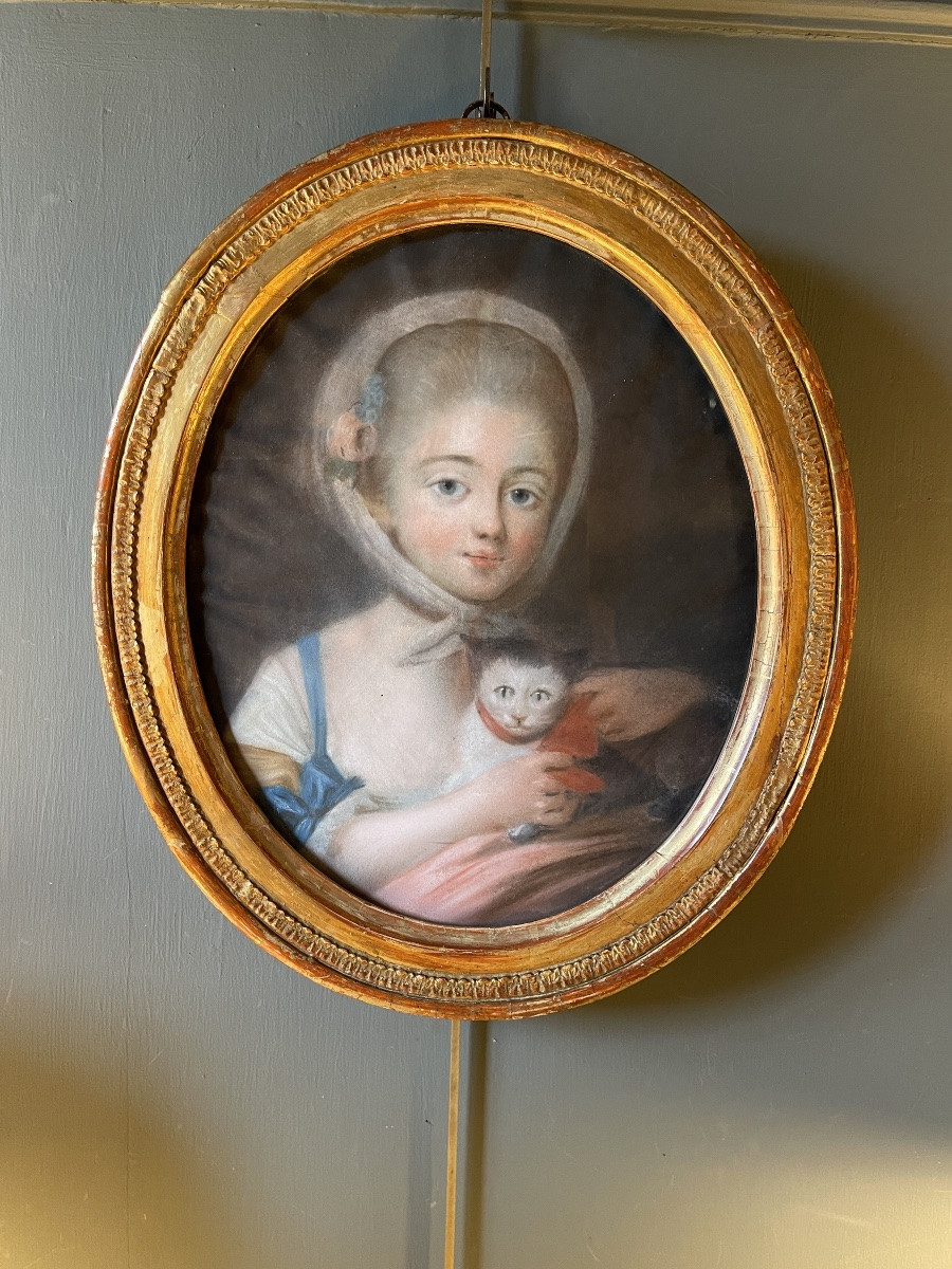 Portrait Of A Young Girl With A Cat, 18th Century Pastel-photo-5