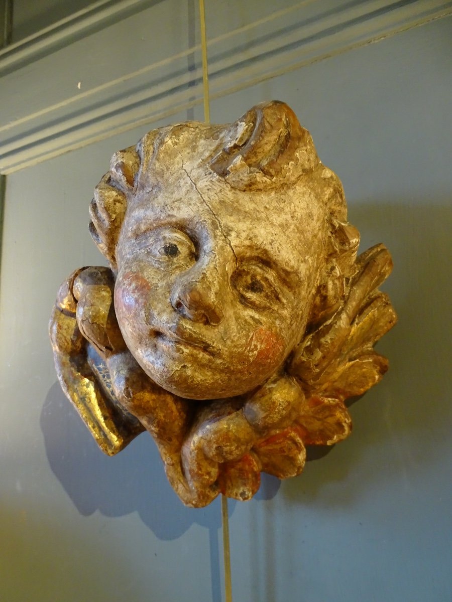 Angel Head In Polychrome Carved Wood-photo-2