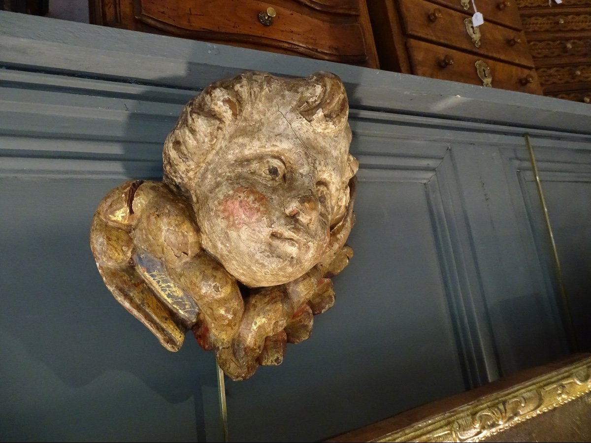 Angel Head In Polychrome Carved Wood-photo-3