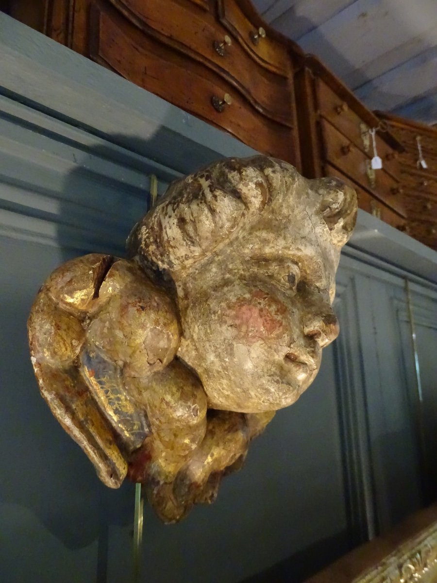 Angel Head In Polychrome Carved Wood-photo-4