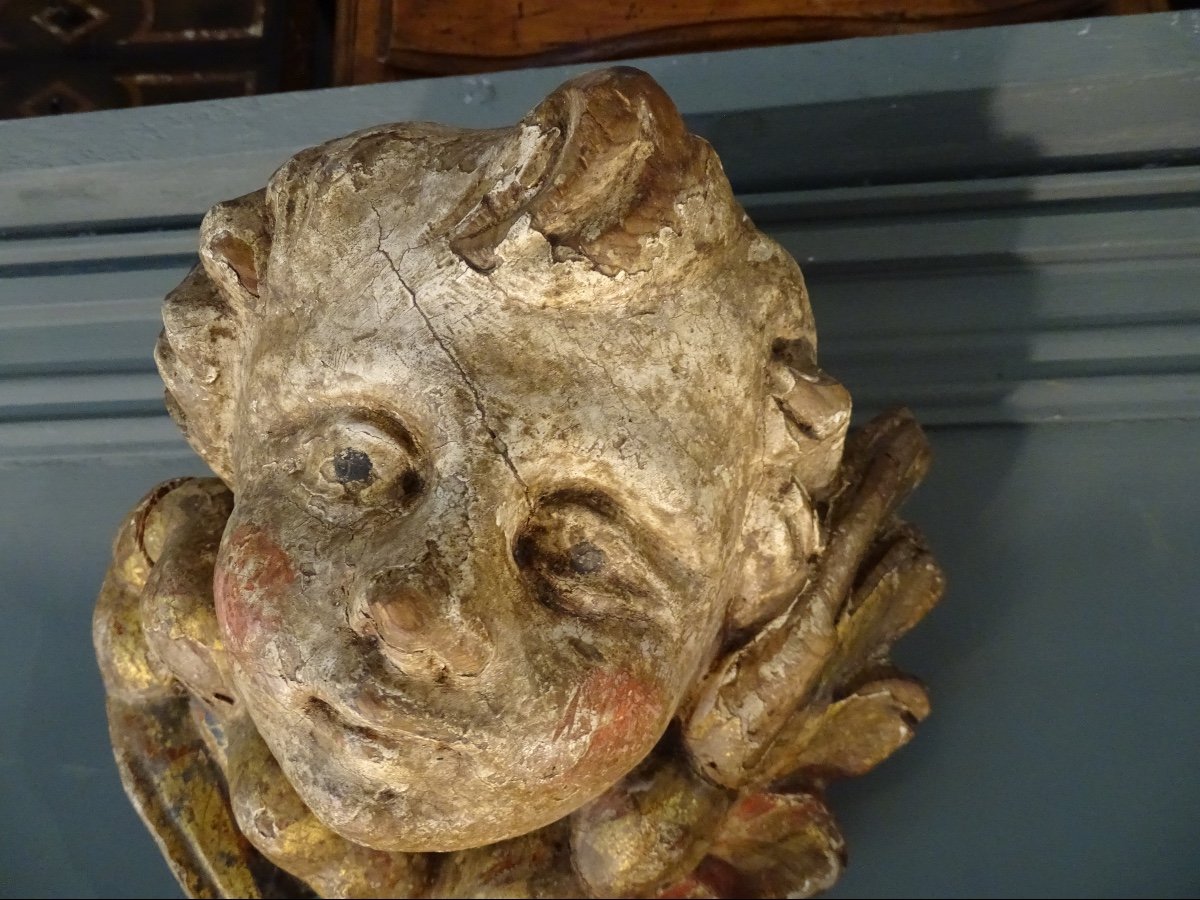 Angel Head In Polychrome Carved Wood-photo-3