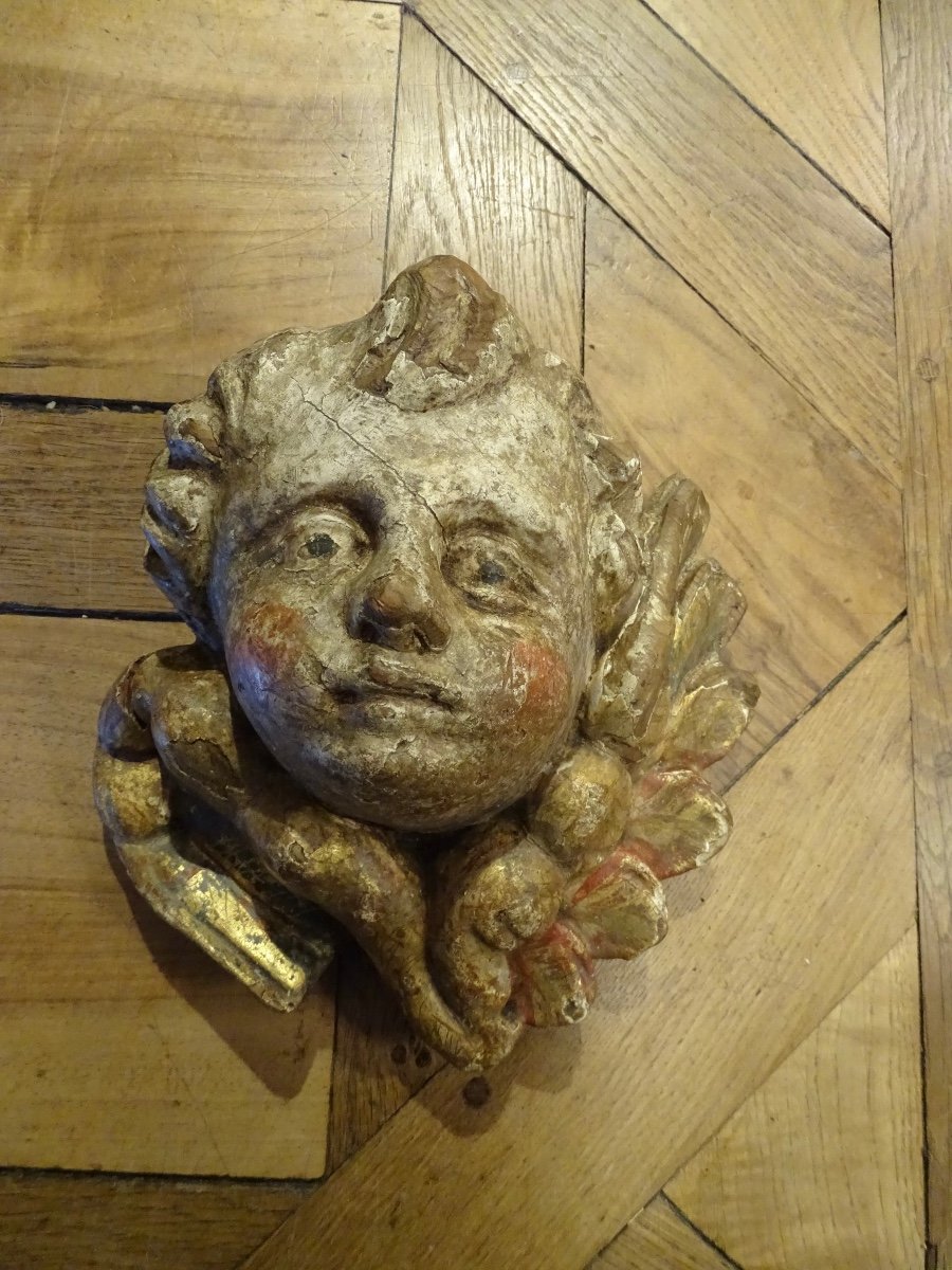 Angel Head In Polychrome Carved Wood-photo-6