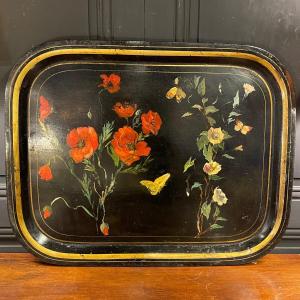 Large Tray In Painted Sheet Metal, Flowers And Butterflies Nineteenth