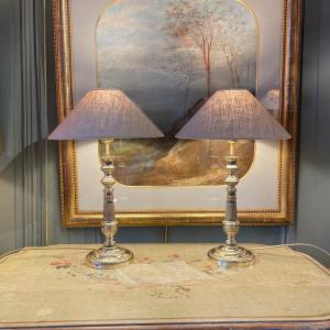 Pair Of Nineteenth Chiseled Bronze Lamps
