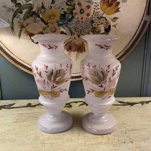 Pair Of Enamelled Opaline Vases