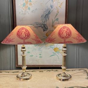 Pair Of Chiseled Bronze Lamps 