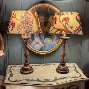 Pair Of Turned Wood Lamps, Height 63 Cm