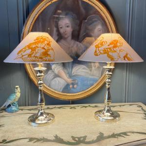 Pair Of Polished Brass Lamps, Height 41 Cm