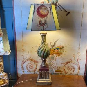 Large Twisted Painted Wood Lamp, Height 87 Cm