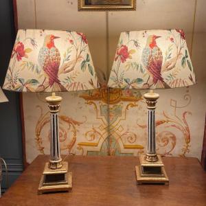 Pair Of Painted And Gilded Wooden Lamps, Height 59.5 Cm