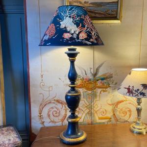 Large Painted Turned Wood Lamp, Height 82.5 Cm