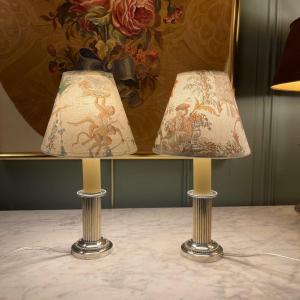 Pair Of Small Silver Metal Lamps, Height 28.5 Cm