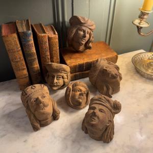 19th Century Carved Wooden Heads, Sold Individually