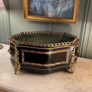 Large Napoleon III Planter In Blackened Wood And Marquetry, 19th Century