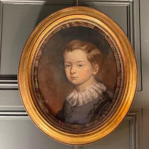 Portrait Of A Little Boy In Medallion, Pastel 19th Century