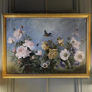 Still Life With Flowers, Titmouse, Butterflies And Bees