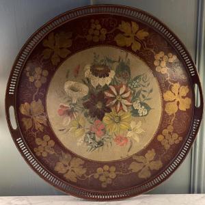 Large 19th Century Painted Sheet Metal Tray, Diameter 50 Cm