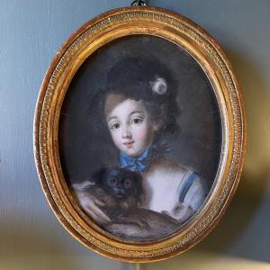 Portrait Of A Young Girl With A Dog, 18th Century Pastel