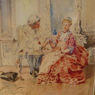 Scène De Genre, Aquarelle Datée 1883