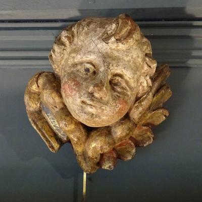 Angel Head In Polychrome Carved Wood