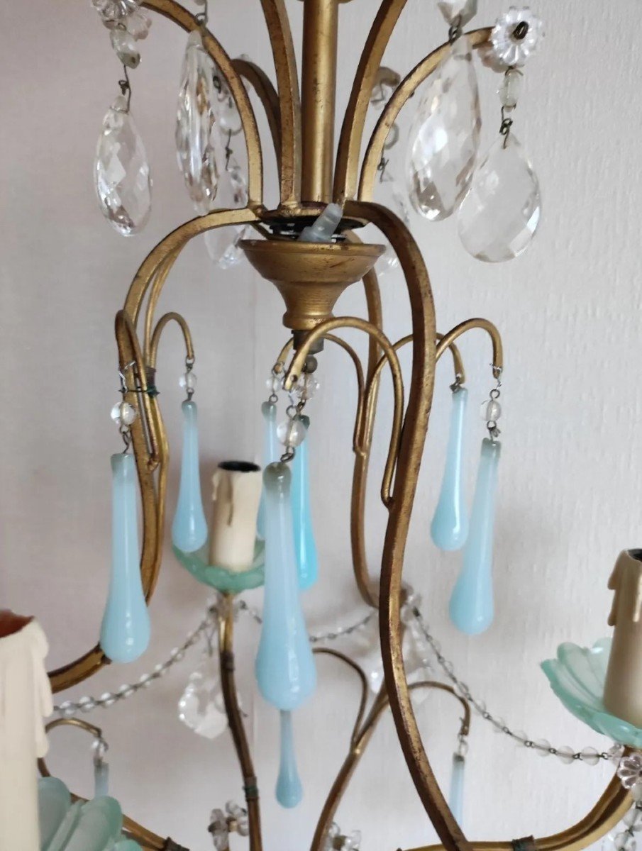 Lustre Opaline Bleu Turquoise Métal Doré-photo-4