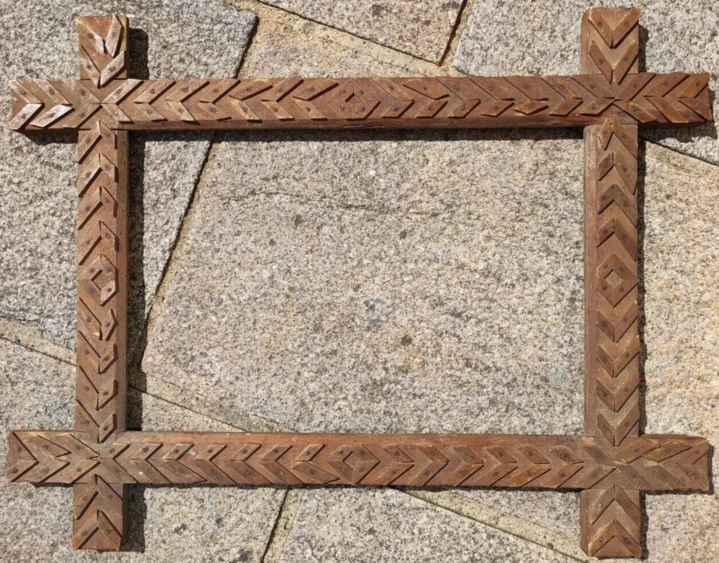 Old Folk Art Frame 19th Carved Wood Rabbet 49 Cm X 32 Cm