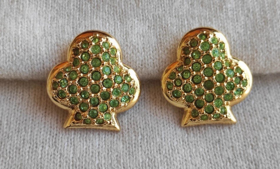 Paire De Boucles d'Oreilles Clips Yves Saint Laurent Trèfle Doré Strass Vert-photo-4