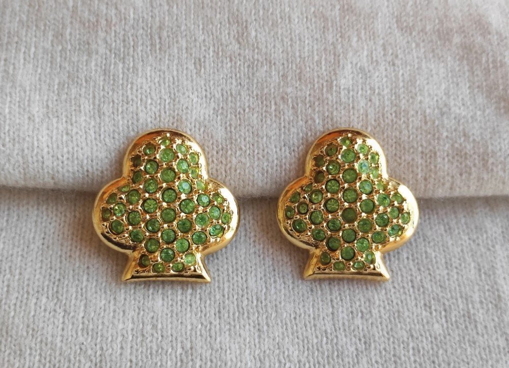 Paire De Boucles d'Oreilles Clips Yves Saint Laurent Trèfle Doré Strass Vert-photo-6