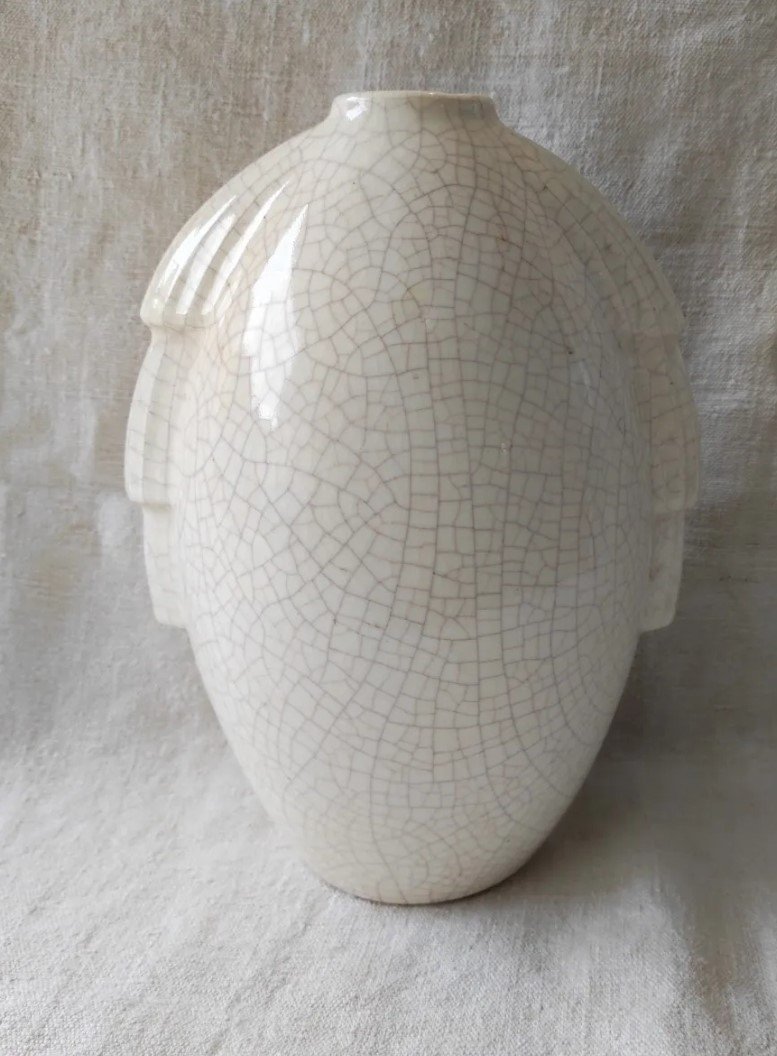 Art Deco Vase Ceramic White Crackled Enamel-photo-3