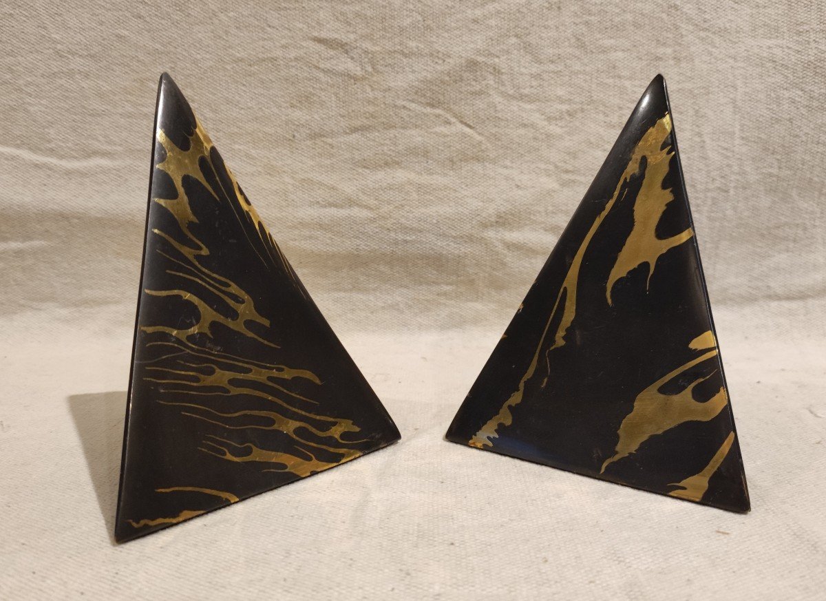 Pair Of Modernist Oxidized Brass Bookends-photo-1