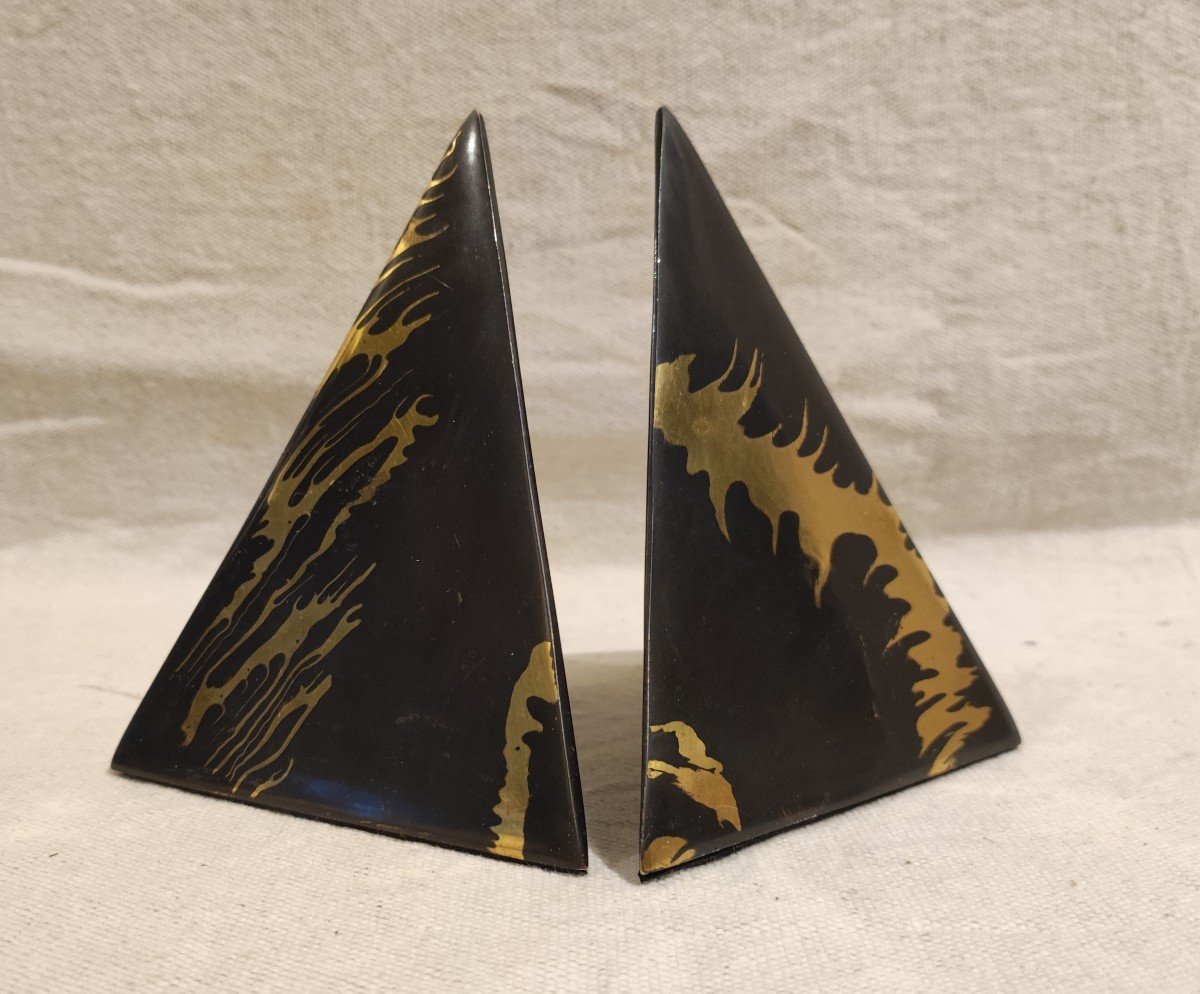 Pair Of Modernist Oxidized Brass Bookends-photo-4