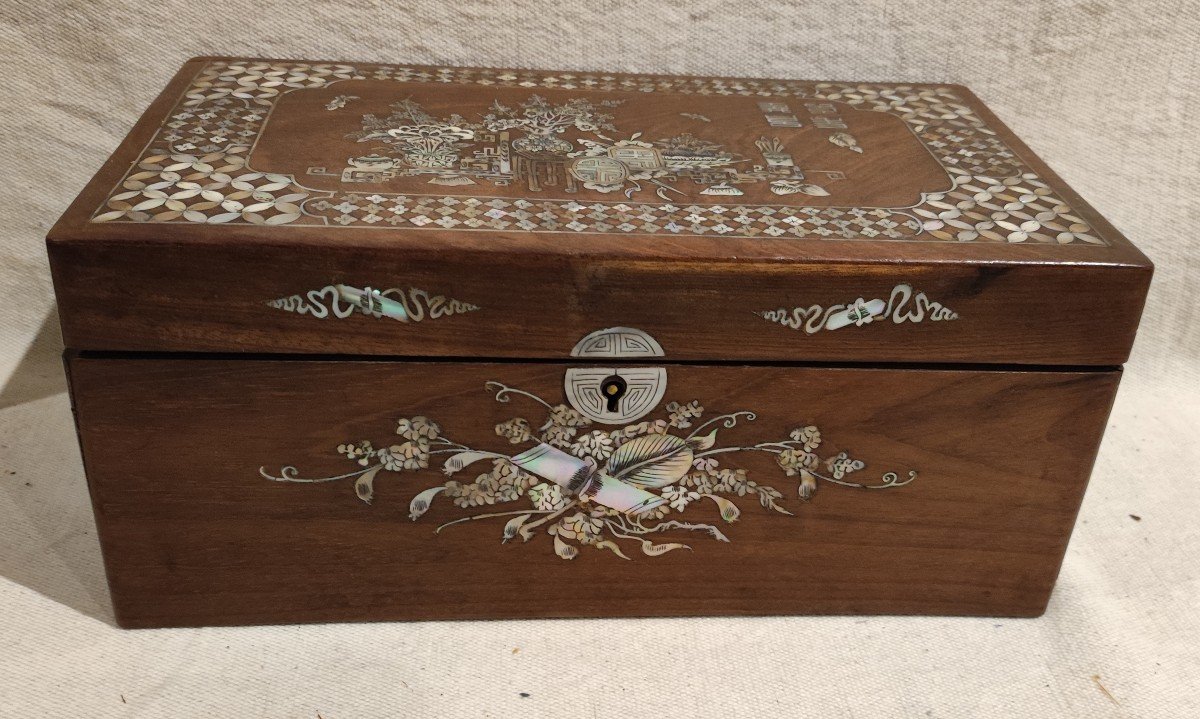 Jewelry Box Or Casket With Wooden Compartments Mother-of-pearl Marquetry 19th-photo-8