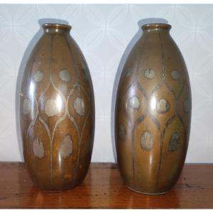 Pair Of Fernand Grange Vases 20th Century Dinanderie