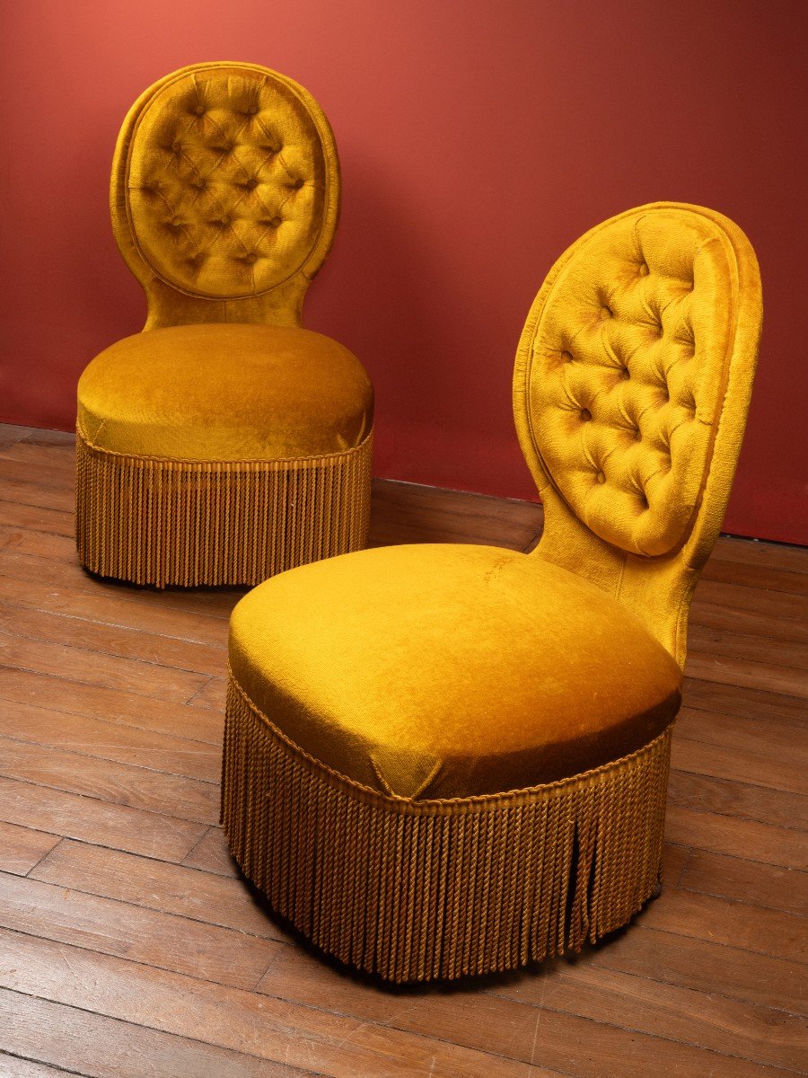 Pair Of Padded Low Chairs In Saffron Velvet - 20th Century-photo-2