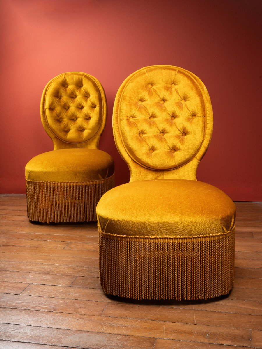 Pair Of Padded Low Chairs In Saffron Velvet - 20th Century-photo-3