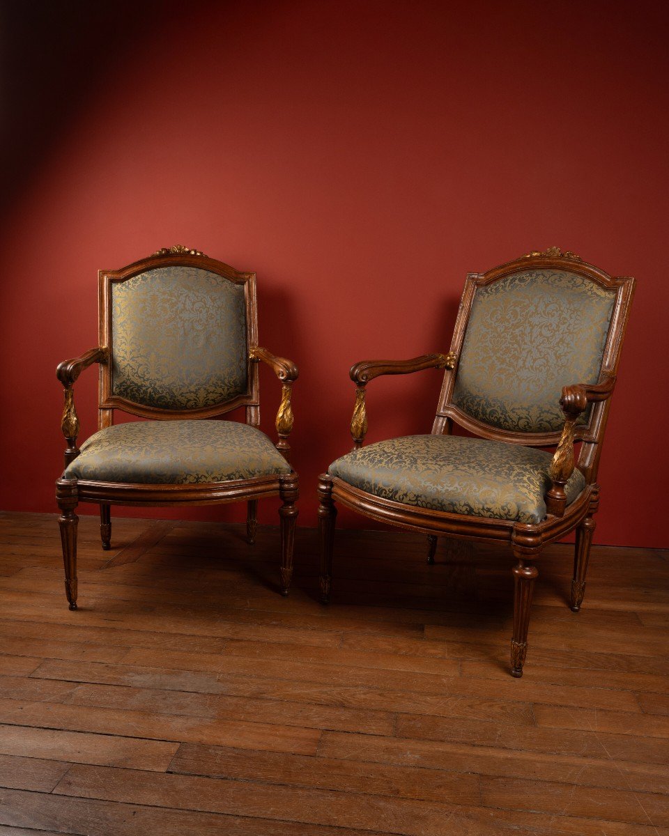 Fauteuils Génois En Noyer Sculpté, Teinté Et Doré, Ca. 1770-photo-1