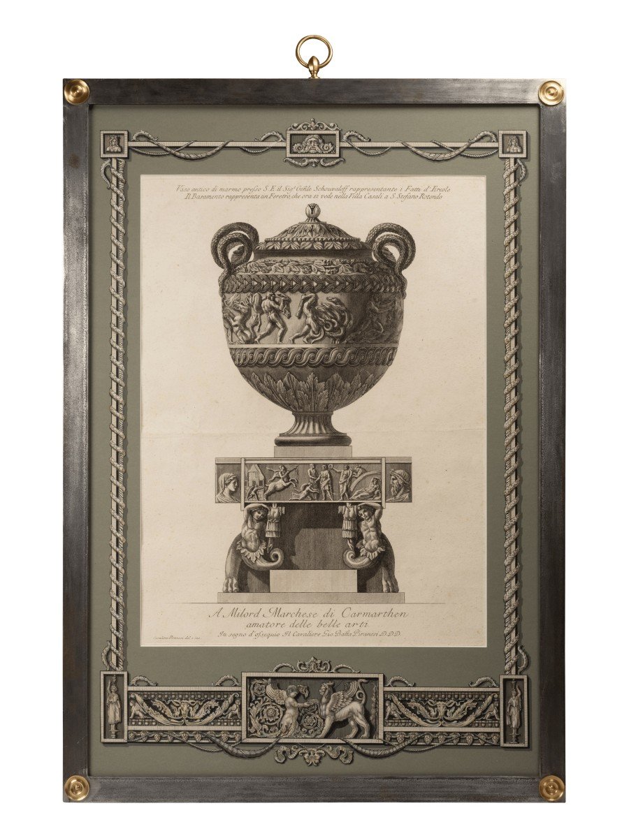 Série de Vases gravés par Giovanni Battista Piranesi, agrémentés de cadres en acier brossé-photo-3