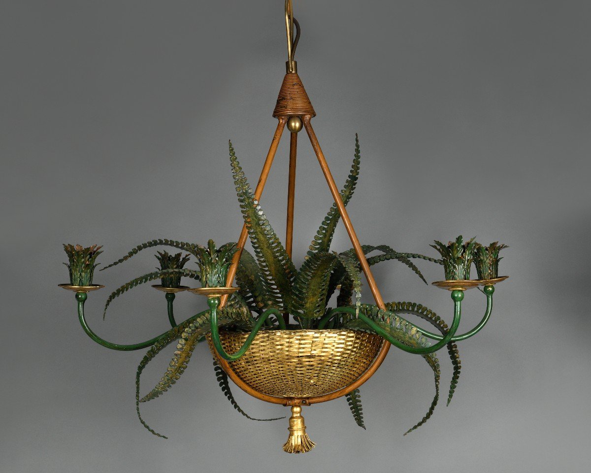 Chandelier With Basket Of Ferns - Attributed To The Baguès House