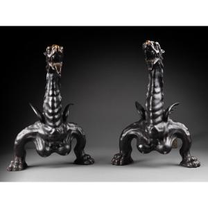 Pair Of Bronze Firedogs With Dragons — 18th Century