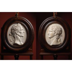 Pair Of Marble Medallions Depicting The Roman Emperors Caesar And Augustus, In The Manner Of Giambattista Foggini