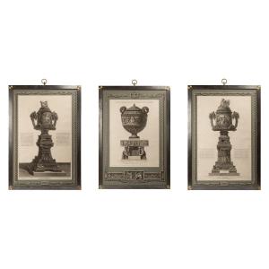 Series Of Vases Engraved By Giovanni Battista Piranesi, With Brushed Steel Frames